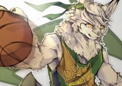Rule 34 | 1boy, absurdres, ao gravity, ball, basketball (object), basketball jersey, character request, commentary request, dribbling (basketball), fight league, furry, furry male, green shirt, highres, looking to the side, lynx boy, lynx ears, lynx tail, male focus, shirt, sweat, upper body, very sweaty, yellow eyes