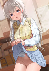 Rule 34 | 1girl, :o, blue eyes, blue skirt, blush, braid, braided bangs, breasts, chair, checkered clothes, checkered vest, clothes lift, desk, grey hair, highres, hisakawa hayate, idolmaster, idolmaster cinderella girls, idolmaster cinderella girls starlight stage, lifting own clothes, long hair, looking at viewer, medium breasts, mk (mod0), no panties, open mouth, school chair, school desk, shirt, skirt, skirt lift, solo, thighs, vest, white shirt, yellow vest
