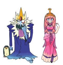 Rule 34 | 1boy, 1girl, :d, adventure time, age difference, barefoot, beard, bird, blue eyes, blue skin, blush stickers, colored skin, crown, curvy, dress, facial hair, feet, gashi-gashi, gem, gown, grin, gunter (adventure time), holding hands, ice king, jewelry, king, long hair, looking at viewer, navel, necklace, open mouth, penguin, pink dress, pink hair, pink skin, princess, princess bonnibel bubblegum, ring, robe, sharp teeth, simple background, size difference, smile, standing, symbol-shaped pupils, teeth, tiara, tongue, tongue out, torn clothes, very long hair, white background, white hair
