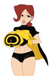 Rule 34 | 1girl, artist request, audrey page, black eyes, black shorts, breast hold, breasts, brown hair, cameltoe, cape, deep skin, freckles, golden girl, highres, huge breasts, mask, navel, ponytail, shorts, simple background, solo, the developing adventures of golden girl, white background