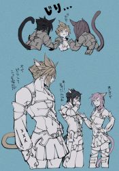 Rule 34 | 1girl, 2boys, abs, animal ears, black hair, blonde hair, cat boy, cat ears, cat girl, cat tail, cloud strife, crossover, detached sleeves, final fantasy, final fantasy vii, final fantasy xiii, final fantasy xiv, final fantasy xv, highres, kemonomimi mode, lightning farron, limited palette, midriff, miqo&#039;te, multiple boys, noctis lucis caelum, oimo (oimkimn), pink hair, spiked hair, square enix, tail, wavy hair