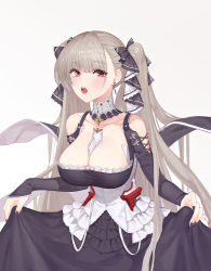 Rule 34 | 1girl, absurdres, azur lane, bare shoulders, beige background, between breasts, black dress, black nails, black ribbon, blush, breasts, cleavage, clothing cutout, collarbone, commentary request, cowboy shot, cross-laced clothes, cross-laced cutout, detached collar, dress, earrings, fingernails, formidable (azur lane), frilled dress, frills, gradient background, grey background, grey hair, hair ribbon, highres, jewelry, large breasts, long hair, long sleeves, looking at viewer, nail polish, open mouth, red eyes, ribbon, shoulder cutout, skirt hold, sleeves past wrists, solo, standing, sugarhigh, teeth, twintails, two-tone dress, two-tone ribbon, upper teeth only, very long hair, white background, white dress, white ribbon