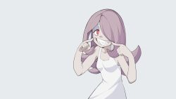 Rule 34 | 1girl, artist request, dress, hair over one eye, highres, light purple hair, little witch academia, red eyes, sharp teeth, smile, sucy manbavaran, teeth, trigger (company), white dress