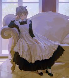Rule 34 | 1girl, animal ear fluff, animal ears, feiqizi (fkey), fkey, hand on own head, highres, indoors, long sleeves, looking at viewer, maid, mary janes, original, purple eyes, shoes, window