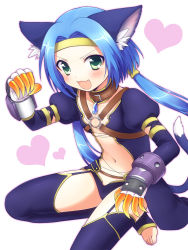 Rule 34 | 1girl, :3, animal ears, bad id, bad pixiv id, barefoot, blue hair, cat ears, cat tail, center opening, claw (weapon), collar, fang, flat chest, garter straps, green eyes, hairband, highres, jewelry, long hair, meracle chamlotte, navel, o-ring, panties, pendant, smile, solo, star ocean, star ocean the last hope, stirrup legwear, tail, thighhighs, toeless legwear, toes, twintails, underwear, usashiro mani, weapon