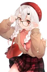 Rule 34 | 1girl, adjusting eyewear, alternate costume, alternate hairstyle, bag, beret, bow, braid, brown jacket, center-flap bangs, glasses, gradient hair, hair bow, hair over shoulder, hands up, haruhitooo, hat, highres, hololive, horns, jacket, long hair, looking at viewer, low twin braids, miniskirt, multicolored hair, nakiri ayame, off shoulder, oni, open clothes, open jacket, pink hair, pink sweater vest, plaid clothes, plaid skirt, pleated skirt, red bag, red eyes, red hat, red skirt, shoulder bag, simple background, skin-covered horns, skirt, sleeveless, sleeveless sweater, solo, streaked hair, sweater, sweater vest, turtleneck, turtleneck sweater, twin braids, virtual youtuber, white background, white hair