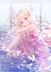 Rule 34 | 1girl, absurdres, animal ear fluff, animal ears, bare shoulders, blonde hair, blue eyes, blush, branch, closed mouth, commentary request, dress, flower, fox ears, fox girl, fox tail, from side, highres, long hair, looking at viewer, looking to the side, original, peas (peas0125), pink dress, pink flower, shoes, smile, solo, tail, very long hair, white footwear