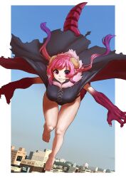 Rule 34 | 1girl, absurdres, artist request, bare legs, barefoot, black cape, breasts, cape, city, cloak, day, dragon claw, dragon girl, dragon horns, dragon tail, flying, foreshortening, grin, highres, horns, ilulu (maidragon), kobayashi-san chi no maidragon, large breasts, low twintails, shadow, shortstack, simple background, smile, solo, tail, thong, twintails, wide hips