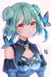 Rule 34 | 1girl, absurdres, aqua hair, bad id, bad twitter id, bare shoulders, blue bow, blue dress, blush, bow, breasts, brooch, bug, butterfly, cleavage, cleavage cutout, closed mouth, clothing cutout, commentary, cropped torso, double bun, dress, dyen0610, gradient hair, green hair, hair between eyes, hair bow, hair bun, highres, hololive, insect, jewelry, juliet sleeves, leaning forward, long sleeves, looking at viewer, medium breasts, multicolored hair, puffy sleeves, red eyes, short hair, shoulder cutout, simple background, skull, solo, symbol-only commentary, upper body, uruha rushia, uruha rushia (1st costume), virtual youtuber, white background