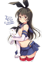 Rule 34 | 1girl, black hair, black panties, blue neckerchief, blue sailor collar, blue shirt, blush, breasts, choukai (kancolle), cosplay, crop top, cropped legs, dated, elbow gloves, glasses, gloves, highleg, highleg panties, kantai collection, large breasts, long hair, miniskirt, navel, neckerchief, odawara hakone, one-hour drawing challenge, panties, red eyes, rimless eyewear, sailor collar, school uniform, serafuku, shimakaze (kancolle), shimakaze (kancolle) (cosplay), shirt, sideboob, simple background, skirt, sleeveless, solo, striped clothes, striped thighhighs, thighhighs, twitter username, underwear, white background, white gloves