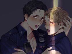 Rule 34 | 2boys, absurdres, after kiss, black hair, blonde hair, blue shirt, blush, brown eyes, collared shirt, hand on another&#039;s head, highres, male focus, multiple boys, on (isk1812), original, police, police uniform, policeman, red eyes, saliva, saliva trail, shirt, short hair, tongue, tongue out, uniform, walkie-talkie, yaoi