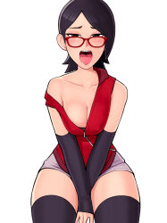 Rule 34 | 1girl, alternate breast size, arms between legs, black gloves, black thighhighs, blush, boruto: naruto next generations, breasts, cleavage, collarbone, collared shirt, cowboy shot, elbow gloves, fingerless gloves, glasses, gloves, highres, loodncrood, naruto (series), off shoulder, open mouth, red-framed eyewear, red shirt, saliva, shirt, shorts, simple background, sitting, sleeveless, small breasts, swept bangs, thighhighs, thighs, tongue, tongue out, uchiha sarada, white background, white shorts, zipper, zipper pull tab