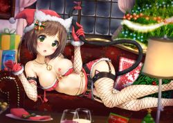 Rule 34 | 1girl, animal ears, bare shoulders, bell, belt, blush, box, bra, breasts, brown hair, cat ears, cat tail, chain, christmas, christmas tree, cleavage, collarbone, couch, cup, drinking glass, fang, fishnet gloves, fishnet thighhighs, fishnets, frills, fur-trimmed gloves, fur trim, garter straps, gift, gift box, gloves, green eyes, hat, heart, hip focus, idolmaster, idolmaster cinderella girls, indoors, jewelry, kuria (clear trip second), legs, lying, maekawa miku, medium breasts, navel, necklace, off shoulder, on side, open mouth, pillow, red bra, red gloves, red skirt, santa hat, short hair, skirt, solo, strap slip, sweat, swept bangs, tail, thighhighs, thighs, underwear