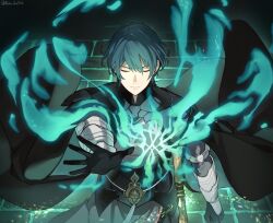 Rule 34 | 1boy, absurdres, armor, black armor, black cape, black gloves, blue hair, breastplate, byleth (fire emblem), byleth (male) (fire emblem), cape, closed eyes, closed mouth, commentary request, doku gin1126, fire emblem, fire emblem: three houses, gauntlets, gloves, hair between eyes, highres, male focus, nintendo, reaching, reaching towards viewer, short hair, solo, sword, sword of the creator, twitter username, weapon