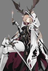 Rule 34 | 1girl, animal ears, antlers, arknights, black gloves, breasts, candle, cape, crossed legs, deer antlers, deer ears, deer girl, ears through headwear, gauntlets, gloves, grey background, grey eyes, hair between eyes, highres, holding, holding candle, holding sword, holding weapon, hood, hood up, hooded cape, horns, light brown hair, long hair, looking at viewer, partially fingerless gloves, shinetuitta, simple background, solo, sword, viviana (arknights), weapon, white cape