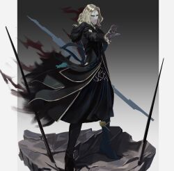 Rule 34 | 1boy, absurdres, beard, black coat, blonde hair, blue eyes, coat, facial hair, fate/apocrypha, fate/grand order, fate (series), full body, fur-trimmed coat, fur trim, grey background, highres, long hair, long sleeves, looking at viewer, male focus, polearm, reaching, solo, spear, thriller romero, two-tone background, vlad iii (fate/apocrypha), weapon, white background