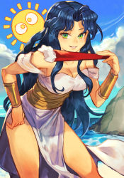 Rule 34 | 1girl, blue hair, breasts, cloud, dress, folding fan, green eyes, hand fan, hand on own hip, holding, holding fan, hungry clicker, lips, long hair, looking at viewer, medium breasts, outdoors, parted lips, puyopuyo, rulue (puyopuyo), shore, smile, solo, sun, water