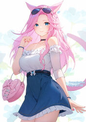 Rule 34 | 1girl, animal ears, black choker, blue eyes, blue skirt, bracelet, breasts, cat ears, cat tail, choker, commission, eyewear on head, facial mark, final fantasy, final fantasy xiv, frilled shirt, frills, heart-shaped bag, highres, jewelry, large breasts, long hair, looking at viewer, lyra-kotto, miqo&#039;te, off-shoulder shirt, off shoulder, pink hair, shirt, skirt, smile, solo, sunglasses, tail, warrior of light (ff14), whisker markings, white background, white shirt