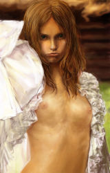 Rule 34 | 1girl, breasts, brown hair, derivative work, female focus, flat chest, frills, green eyes, igau, lips, long hair, nipples, nude, open clothes, open robe, pinup (portrait), pursed lips, realistic, robe, solo, upper body