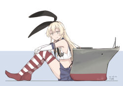 Rule 34 | 1girl, black hairband, black panties, blonde hair, blue skirt, closed mouth, crop top, dated, elbow gloves, from side, gloves, grey eyes, hairband, highleg, highleg panties, hikashima (shiofune), kantai collection, long hair, looking at viewer, miniskirt, panties, pleated skirt, rigging, school uniform, serafuku, shimakaze (kancolle), signature, sitting, skirt, solo, striped clothes, striped thighhighs, thighhighs, underwear, white gloves