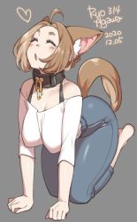 Rule 34 | 1girl, 2020, agawa ryou, animal ears, artist name, bare shoulders, breasts, brown hair, cleavage, collar, commentary, dated, dog ears, dog tail, closed eyes, grey background, howling, large breasts, looking up, original, short hair, signature, simple background, solo, tail, thick thighs, thighs