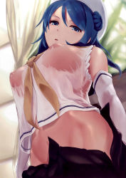 Rule 34 | 10s, 1girl, blue eyes, blue hair, breasts, clothes pull, covered erect nipples, elbow gloves, from below, gloves, hair bun, hat, highres, indoors, kantai collection, large breasts, navel, nipples, open fly, parted lips, sailor collar, sailor shirt, scan, see-through, shirt, single hair bun, skirt, skirt pull, sleeveless, sleeveless shirt, solo, urakaze (kancolle), wa (genryusui), wet, wet clothes, wet shirt, white gloves