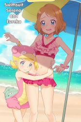 Rule 34 | 2girls, absurdres, age difference, beach, beach umbrella, bikini, blonde hair, blue eyes, blush, bonnie (pokemon), breasts, character name, cosplay, creatures (company), day, frown, game freak, gazing eye, gen 1 pokemon, gluteal fold, hat, highres, hug, multiple girls, navel, nintendo, one-piece swimsuit, pink one-piece swimsuit, pokemon, pokemon (anime), serena (pokemon), short hair, slowbro, slowbro (cosplay), small breasts, smile, swimsuit, text focus, umbrella