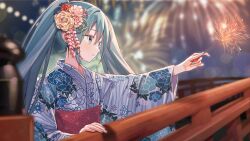 Rule 34 | 1girl, absurdres, aqua eyes, aqua hair, aqua nails, blurry, blurry background, blurry foreground, commentary, fireworks, floral print, flower, hair between eyes, hair flower, hair ornament, hatsune miku, highres, holding fireworks, japanese clothes, kimono, light blush, long hair, long sleeves, looking to the side, night, night sky, outdoors, outstretched arm, parted lips, print kimono, sash, sky, solo, sparkler, twintails, upper body, vocaloid, vs0mr, wide sleeves, yukata