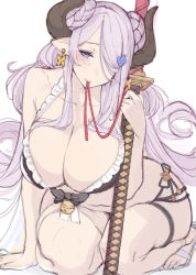 Rule 34 | 1girl, bare shoulders, bell, bent over, black bra, black ribbon, blush, bra, breasts, cleavage, commentary request, double bun, draph, earrings, granblue fantasy, gtunver, hair bun, hair ornament, hair over one eye, hairclip, half-closed eyes, highres, holding, holding weapon, horns, huge breasts, jewelry, katana, kneeling, long hair, mature female, narmaya (granblue fantasy), narmaya (summer) (granblue fantasy), purple eyes, purple hair, ribbon, sandals, sheath, sheathed, simple background, sketch, solo, swimsuit, sword, underwear, weapon, white background