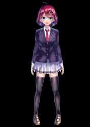 Rule 34 | 1girl, ahoge, bad id, bad pixiv id, black background, black jacket, black thighhighs, blazer, blue eyes, blush, breasts, brown footwear, collared shirt, eyebrows hidden by hair, full body, hair ornament, hairclip, highres, jacket, loafers, long sleeves, looking at viewer, mishiro (ixtlolton), multicolored hair, necktie, open mouth, original, pigeon-toed, pleated skirt, purple hair, red hair, red necktie, school uniform, shirt, shoes, simple background, skirt, small breasts, solo, standing, thighhighs, two-tone hair, v-shaped eyebrows, white shirt, white skirt