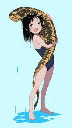 Rule 34 | 1girl, :d, animal, animal hug, animal request, arm up, bare arms, bare legs, bare shoulders, barefoot, black hair, blue background, blue eyes, blue one-piece swimsuit, blush, bouen, competition school swimsuit, covered navel, dripping, fang, full body, highres, long hair, looking at viewer, one-piece swimsuit, open mouth, original, parted bangs, puddle, school swimsuit, smile, solo, standing, swimsuit, v-shaped eyebrows, water