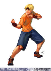 Rule 34 | 1boy, bandaid, bandaid on face, bandaid on nose, blonde hair, blouse, capcom, english text, fighting stance, fingerless gloves, full body, gloves, headband, male focus, mel masters, aged up, orange shirt, rejean dubois, shirt, shoes, short hair, shorts, sneakers, socks, solo, street fighter, street fighter iii (series), t-shirt, white background