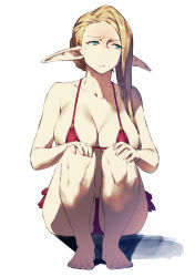Rule 34 | 1girl, barefoot, bikini, blonde hair, blue eyes, braid, breasts, chyko, closed mouth, collarbone, commentary request, elf, full body, halterneck, hands on own knees, highres, knees up, large breasts, long hair, looking away, original, pointy ears, red bikini, shadow, side-tie bikini bottom, side-tie bottom, simple background, sitting, solo, swimsuit, white background