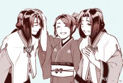 Rule 34 | 1girl, 2boys, age difference, aquaplus, blush, closed eye, closed eyes, closed mouth, family, from side, grin, hair up, haku (utawarerumono), hand on another&#039;s head, happy, headpat, height difference, highres, japanese clothes, kimono, long hair, long sleeves, mole, mole under eye, mother and son, multiple boys, one eye closed, pointy ears, raised eyebrows, re 19nago, sidelocks, smile, teeth, torikori (utawarerumono), ukon (utawarerumono), utawarerumono, utawarerumono: futari no hakuoro, utawarerumono: itsuwari no kamen