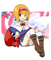 Rule 34 | 1girl, alice margatroid, belt boots, blonde hair, blue dress, blue eyes, blush, boots, bow, bowtie, brown footwear, collar, commentary request, cookie (touhou), detached collar, dress, eyes visible through hair, fang, full body, hair between eyes, hairband, hand on own knee, highres, kakusou, looking at viewer, medium bangs, off-shoulder dress, off shoulder, open mouth, panties, pillow, pink panties, red bow, red bowtie, red hairband, red sash, sash, short dress, short hair, sitting, skin fang, smile, solo, striped clothes, striped panties, taisa (cookie), touhou, underwear, white collar, white panties, white tail