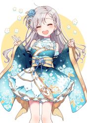 Rule 34 | 1girl, banirou, bare shoulders, blue dress, blue flower, blush, braid, braided bangs, corsage, detached sleeves, dress, earrings, floral print, flower, furisode, grey hair, hair flower, hair ornament, hands up, heart-shaped mouth, highres, hisakawa hayate, idolmaster, idolmaster cinderella girls, idolmaster cinderella girls starlight stage, japanese clothes, jewelry, kimono, long hair, looking at viewer, necklace, obi, open mouth, pearl necklace, pigeon-toed, pink nails, sash, simple background, sleeves past wrists, smile, solo, standing, star (symbol), two-tone background, v, very long hair, white background, yellow background