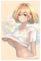 Rule 34 | 1girl, blonde hair, blush, breasts, brown eyes, clothes lift, commentary, cropped torso, djeeta (granblue fantasy), english commentary, facebook username, granblue fantasy, groin, hair between eyes, highres, lifted by self, looking at viewer, medium breasts, navel, no bra, see-through, senasky, shirt, shirt lift, short hair, short sleeves, solo, stomach, sweat, t-shirt, upper body, white shirt