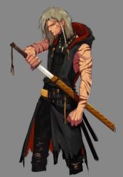 Rule 34 | 00s, 1boy, belt, dungeon and fighter, hood, katana, sword, weapon, white hair