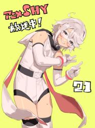 Rule 34 | 1girl, absurdres, bare shoulders, belt, black belt, blush, bukimi isan, cowboy shot, double v, elbow gloves, eye mask, gloves, grey hair, hair between eyes, highres, hood, leaning to the side, leotard, looking at viewer, messy hair, short hair, shy (character), shy (series), simple background, smile, solo, sweat, thighhighs, translation request, v, white gloves, white leotard, yellow background