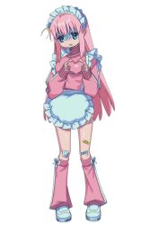 Rule 34 | 1girl, angellyuna, apron, bandaid, bandaid on knee, bandaid on leg, blue eyes, bocchi the rock!, cube hair ornament, full body, gauze on knee, gotoh hitori, hair ornament, jacket, jersey maid, long hair, looking at viewer, maid, maid headdress, one side up, open mouth, pink hair, pink jacket, pink leg warmers, shoes, sidelocks, simple background, smile, solo, unconventional maid, very long hair, white apron, white background, white footwear