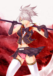 Rule 34 | bare shoulders, blue eyes, breasts, cape, final fantasy, final fantasy type-0, hair over one eye, midriff, navel, panties, sice (fft-0), silver hair, skirt, thighhighs, torn clothes, underwear, weapon