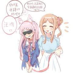 2girls animal_ear_hairband animal_ears ansy09080527 bang_dream! bang_dream!_it&#039;s_mygo!!!!! bite_mark_on_hand blindfold blue_shirt blue_skirt blush brown_hair chihaya_anon chinese_commentary chinese_text closed_eyes collar commentary_request fake_animal_ears fang grey_neckerchief hair_bun hairband heart hickey highres long_hair long_sleeves multiple_girls nagasaki_soyo neckerchief nervous_sweating open_mouth pink_hair puffy_short_sleeves puffy_sleeves red_collar school_uniform shirt short_sleeves sidelocks simple_background single_side_bun skin_fang skirt spoken_heart sweat translation_request tsukinomori_school_uniform white_background white_skirt yuri