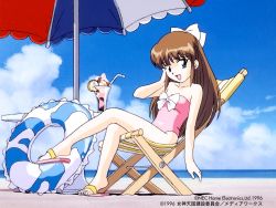 Rule 34 | 1990s (style), 1996, 1girl, bare shoulders, beach, beach umbrella, blue eyes, bow, brown hair, casual one-piece swimsuit, chair, cloud, collarbone, company name, copyright name, copyright notice, crossed legs, dated, day, flip-flops, folding chair, full body, hair ribbon, hand to head, innertube, long hair, looking at viewer, megami paradise, nec corporation, nec home electronics, ocean, official art, one-piece swimsuit, open mouth, outdoors, parfait, pastel (megami paradise), pink one-piece swimsuit, retro artstyle, ribbon, sandals, sitting, sky, solo, strapless, strapless one-piece swimsuit, swim ring, swimsuit, table, umbrella, yamauchi noriyasu