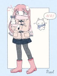 Rule 34 | 1girl, black legwear, blue border, blue scarf, boots, border, closed eyes, coat, covered mouth, english text, full body, highres, long hair, long sleeves, mittens, no nose, noeru (noellemonade), original, pale skin, pink footwear, pink mittens, pink scarf, plaid, plaid skirt, red eyes, red hair, rubber boots, scarf, skirt, solo, speech bubble, standing, twintails, white background