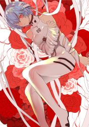 Rule 34 | 1girl, ayanami rei, bandage over one eye, bandages, bare shoulders, blue hair, bodysuit, breasts, camellia, closed mouth, dutch angle, expressionless, feet out of frame, floral background, flower, glowing, glowing eyes, hair between eyes, hair over one eye, hand on own arm, hand up, highres, kerok (joniko1110), legs up, looking at viewer, medium breasts, neon genesis evangelion, one eye covered, outstretched arm, pink flower, pink rose, plugsuit, red eyes, red flower, red rose, rose, short hair, sleeveless, solo, veins, white background, white bodysuit