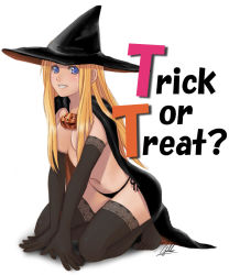 Rule 34 | 1girl, bad id, bad pixiv id, blonde hair, blue eyes, breasts, cape, censored, convenient censoring, elbow gloves, gloves, hair censor, hair over breasts, halloween, hat, jack-o&#039;-lantern, long hair, medium breasts, original, panties, pumpkin, side-tie panties, signature, smile, solo, thighhighs, trick or treat, underwear, white background, witch hat, yukihiro