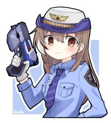 Rule 34 | 1girl, alternate costume, blue necktie, brown eyes, brown hair, crossed bangs, double-parted bangs, gloves, gun, gyaheung, hair between eyes, handgun, hat, hololive, hololive english, multicolored hair, nanashi mumei, necktie, police, police badge, police hat, police uniform, policewoman, simple background, smile, streaked hair, uniform, virtual youtuber, weapon, white gloves