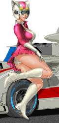Rule 34 | 1girl, arm support, artist name, ass, boots, breasts, car, commentary request, crotch seam, dress, elbow gloves, from side, full body, gloves, hat, helmet, high heels, highres, knee boots, leaning on object, leaning to the side, leg up, legs, lips, long sleeves, looking at viewer, looking back, machine hayabusa, medium breasts, motor vehicle, nishionji sakura, open mouth, panties, pantyshot, pink dress, pleated dress, shadow, short dress, simple background, smile, solo, standing, tiptoes, toten (der fuhrer), underwear, white background, white footwear, white gloves, white hat, white panties
