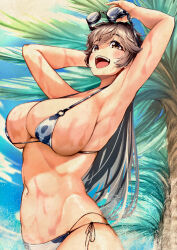Rule 34 | 1girl, :d, adjusting goggles, animal print, arm behind head, armpits, arms up, bare arms, bare shoulders, bikini, blue sky, blush, breasts, brown hair, cloud, commentary request, cow print, cow print bikini, cowboy shot, day, dolphin wave, from side, goggles, goggles on head, highres, huge breasts, long hair, looking afar, looking up, multi-strapped bikini bottom, navel, o-ring, o-ring bikini, o-ring bottom, o-ring top, official alternate costume, open mouth, outdoors, palm tree, print bikini, side-tie bikini bottom, sky, smile, solo, standing, stomach, string bikini, swimsuit, teeth, tree, upper teeth only, very long hair, wet, white bikini, yamaba yume, yatoifumi, yellow eyes