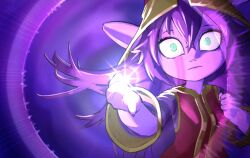 Rule 34 | 1girl, blue eyes, clenched hand, closed mouth, cosplay, dress, gojou satoru, gojou satoru (cosplay), highres, league of legends, light frown, looking at viewer, lulu (league of legends), magic, motion lines, napalm express, purple background, purple eyes, purple hair, simple background, solo, wide-eyed, yordle